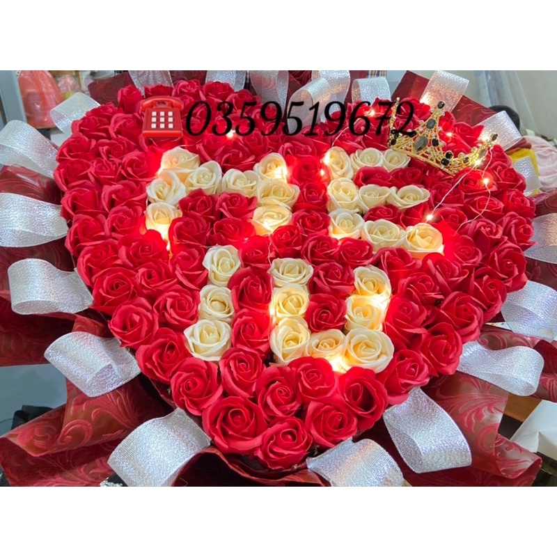 [QUÀ TẶNG SINH NHẬT]_ Bó hoa sáp trái tim lồng chữ + vương miệng