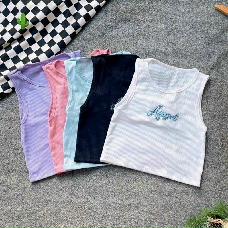 Áo croptop ba lỗ Vạt Bằng in chữ PC