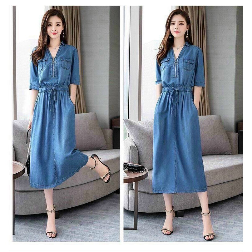 ĐẦM JEAN XOÈ PHỐI DÂY KÉO  Chất: denim xuất khẩu Màu: xanh Kiểu dáng: đầm xoè, cổ V cách điệu sơ mi, tay ngắn cài nút, n