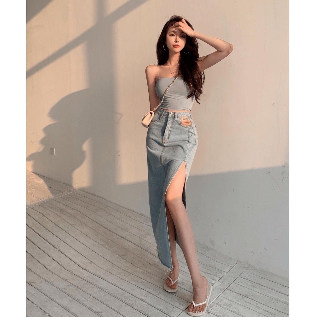 Chân Váy Denim Dài Qua Gối Phong Cách Mới 2022 Thời Trang Cho Nữ