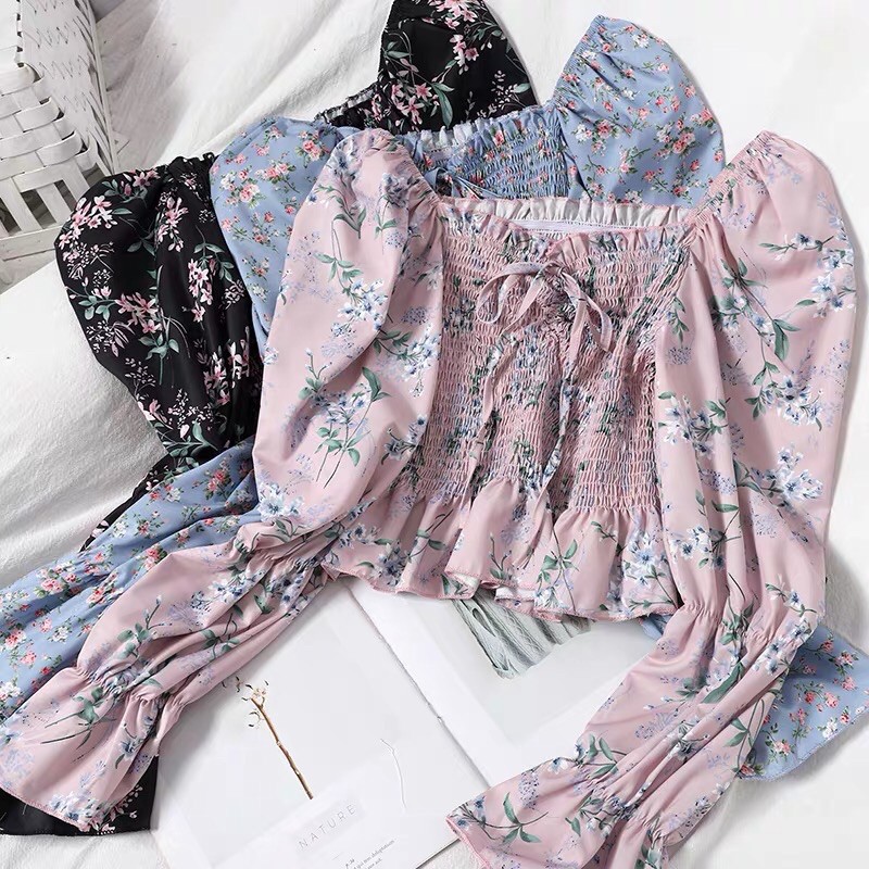 Áo croptop voan hoa nơ bo chun tay dài bồng tiểu thư