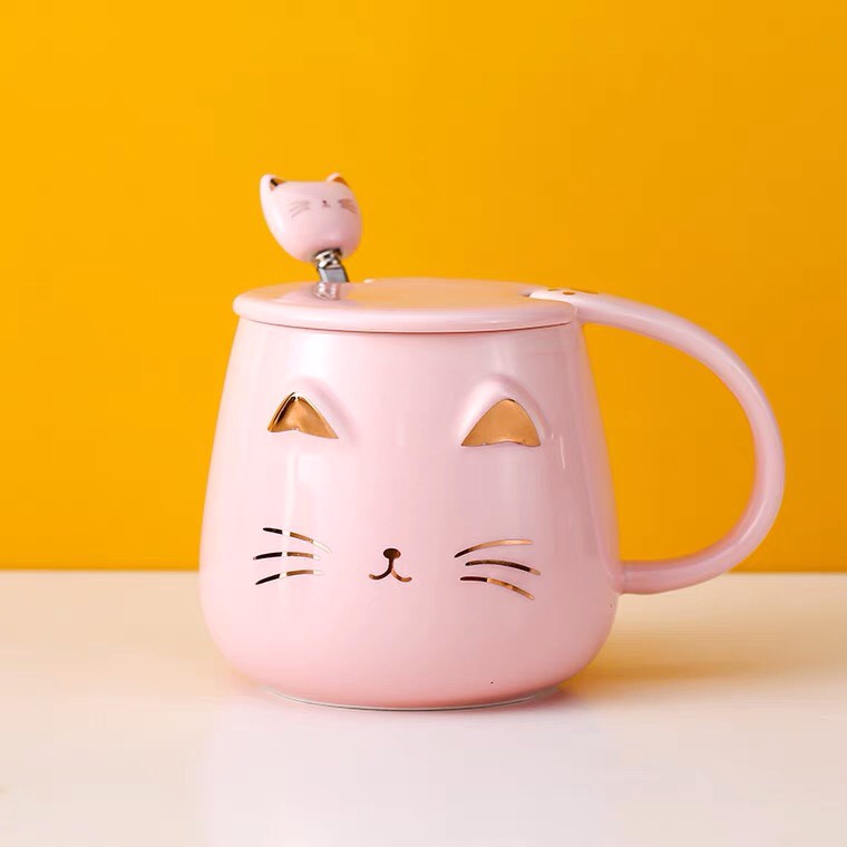 Cốc ly sứ mặt mèo 3D dễ thương dung tích 400ml kèm nắp và thìa dùng hàng ngày, đựng trà, cafe, quà tặng-Ráp