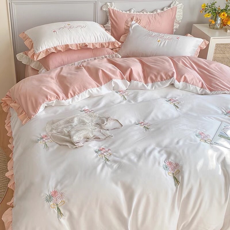 Bộ Chăn Ga Gối Phi Lụa Hoa Cúc Thêu Chăn 4 Món Nhập Khẩu Đủ Bẩy Màu Đơn Sắc Siêu Xịn