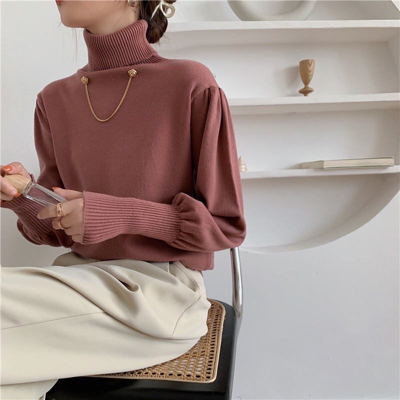 (minqate) Áo Len Cổ Lọ Tay Bồng Choccer Cho Nữ Cực Xinh