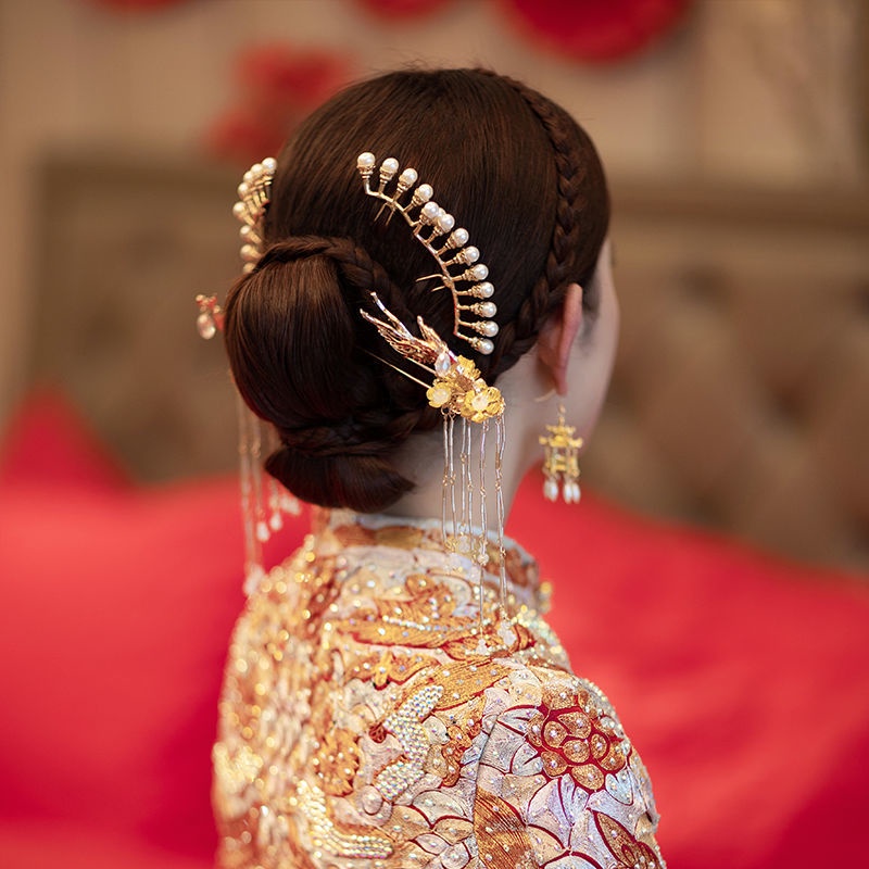 [Aishang Trang Sức Đẹp] Phụ Kiện Vương Miện Cô Dâu Xiuhe Trung Quốc Cổ Điển Phối Tua Rua Phụ Kiện Đám Cưới Hóa Trang Hoàng Hôn Phoeni
