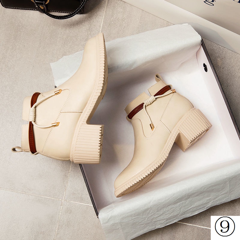 Giày Bốt Martin Da Mềm Phối Nhung Gót Dày Thời Trang Thu Đông 2021 Cho Nữ