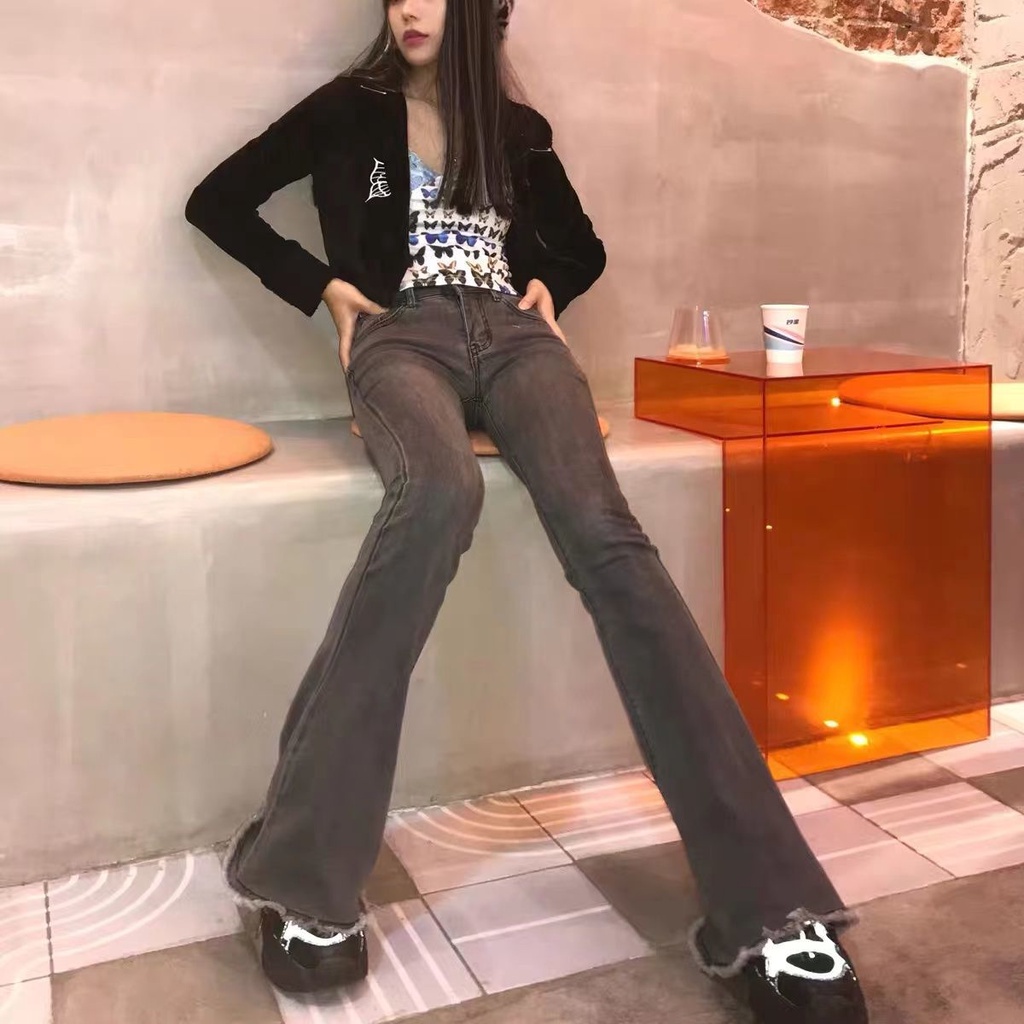 Gray worn Harajuku hot girl punk high waist micro horn retro jeans slimming hip slim trousers women's FVqK