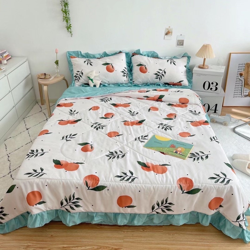 Bộ chăn ga gối đũi viền bèo xin xắn cao cấp siêu nhẹ, chất đũi mềm mịn thoáng mát hoa tiết hoa lá cực kỳ đẹp