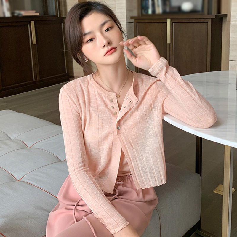 Áo khoác dệt kim mỏng tay dài màu sắc trơn thời trang mùa hè cho nữ
