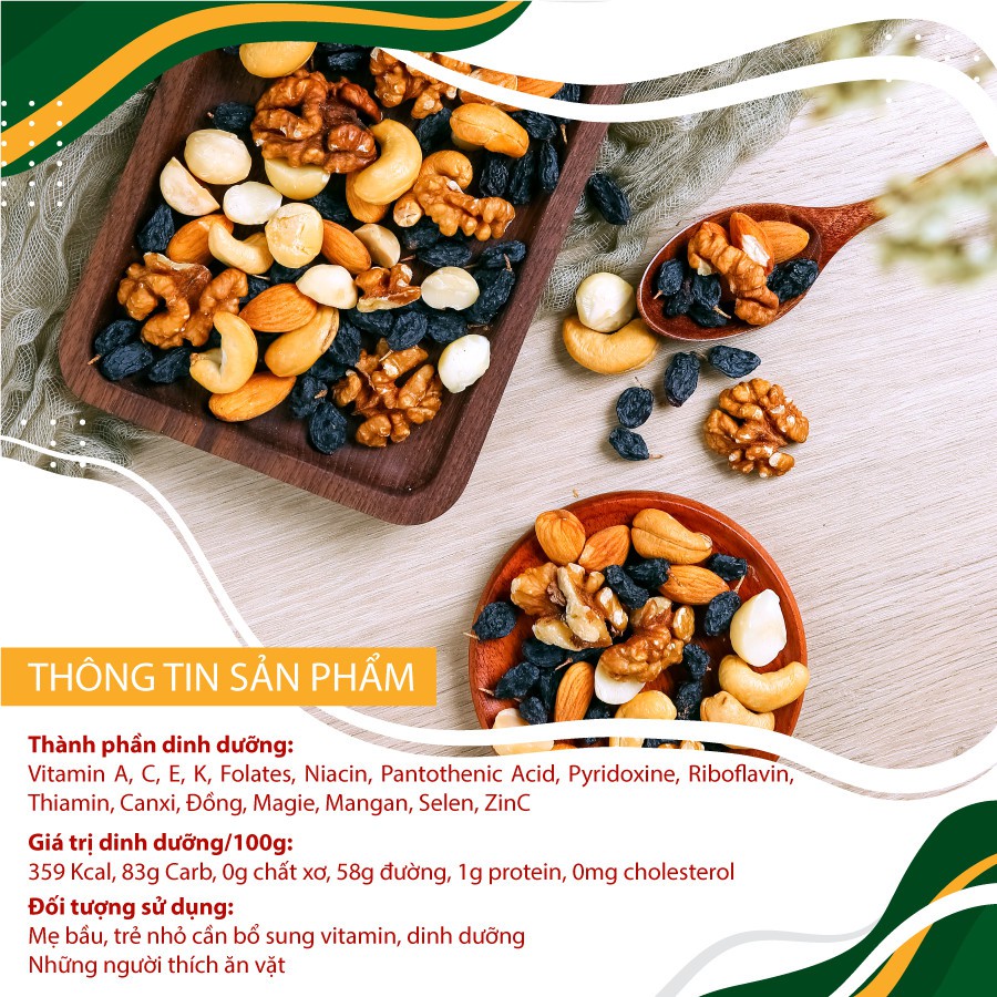 Hạt dinh dưỡng GREEN NUTS các loại hạt dinh dưỡng cho bà bầu mix 6 vị hạt điều, hạnh nhân, macca,óc chó,bí và nho đen.