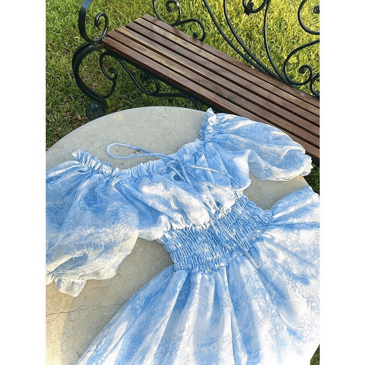 (Free ship) Đầm Voan Xanh Trễ Vai Dáng Xòe Đẹp Lung Linh UP HHP Fashion