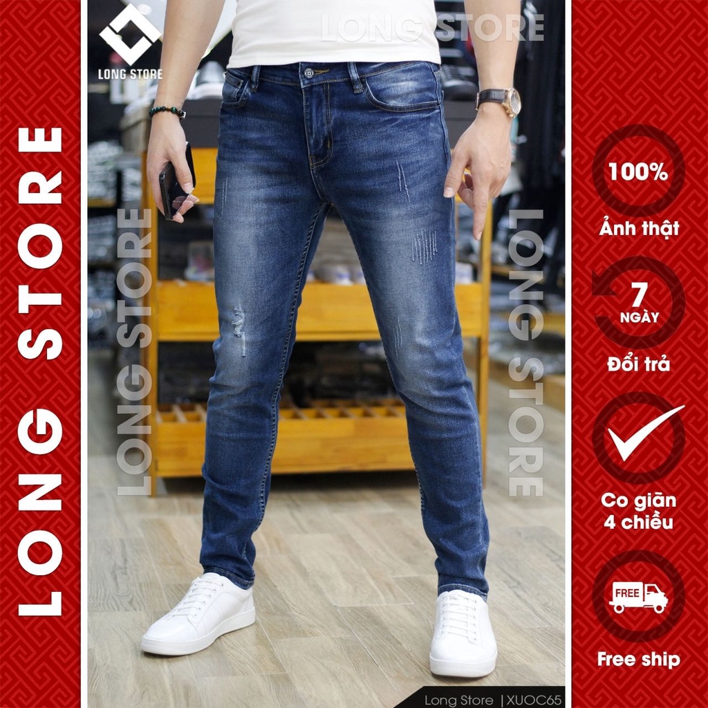 Quần jean nam rách xước xanh bạc cao cấp chất bò co giãn ống đứng dáng ôm skinny đẹp LONGSTORE XUOC65