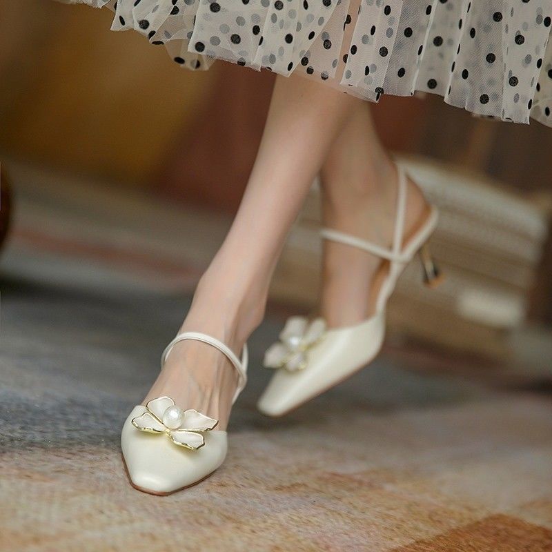 Sandal da MURIOKI đính hoa ngọc trai mũi nhọn phong cách cổ điển thanh lịch