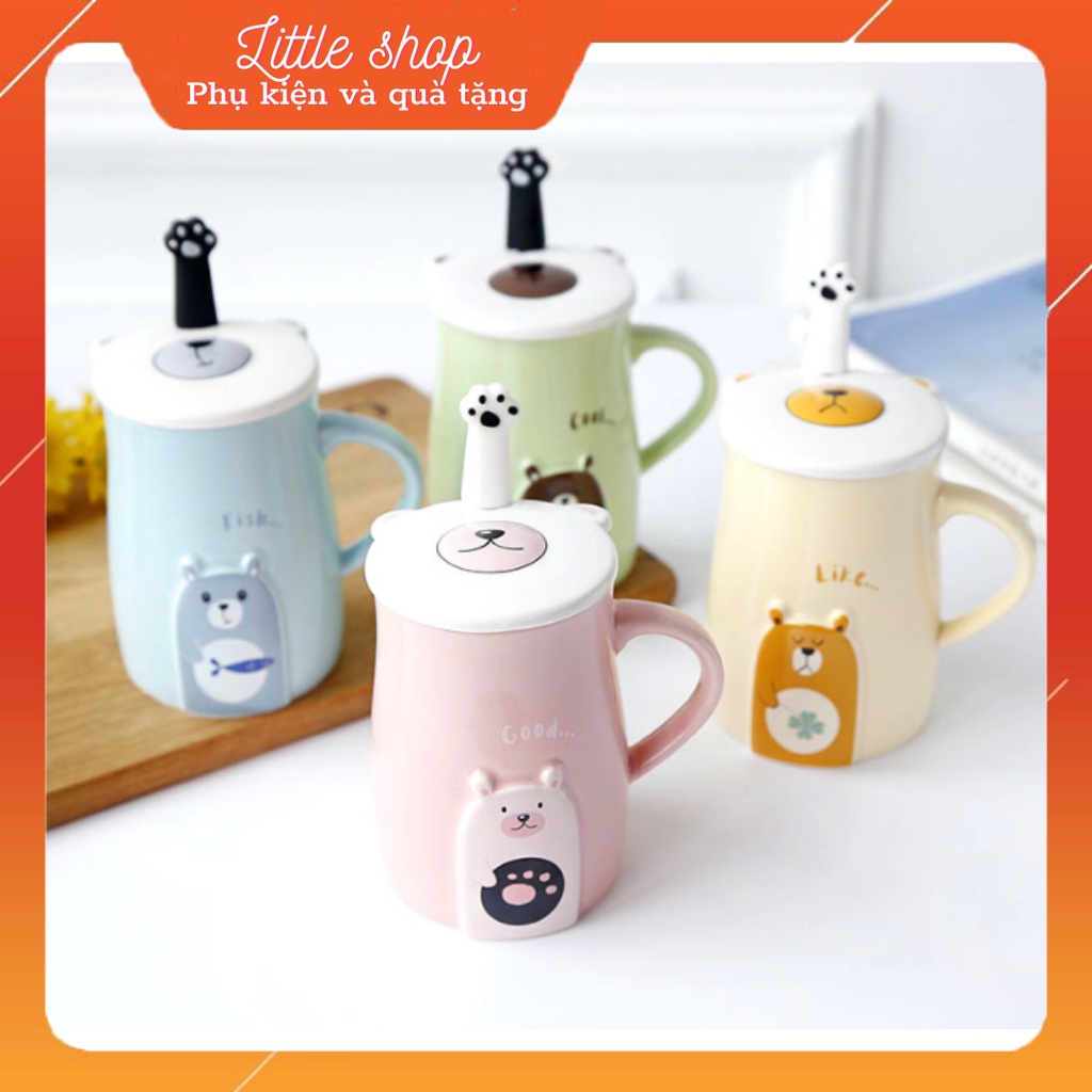 Cốc trà, cốc cafe Little hình thú đáng yêu bằng gốm sứ cao cấp có sẵn nắp và thìa dung tích 450ml