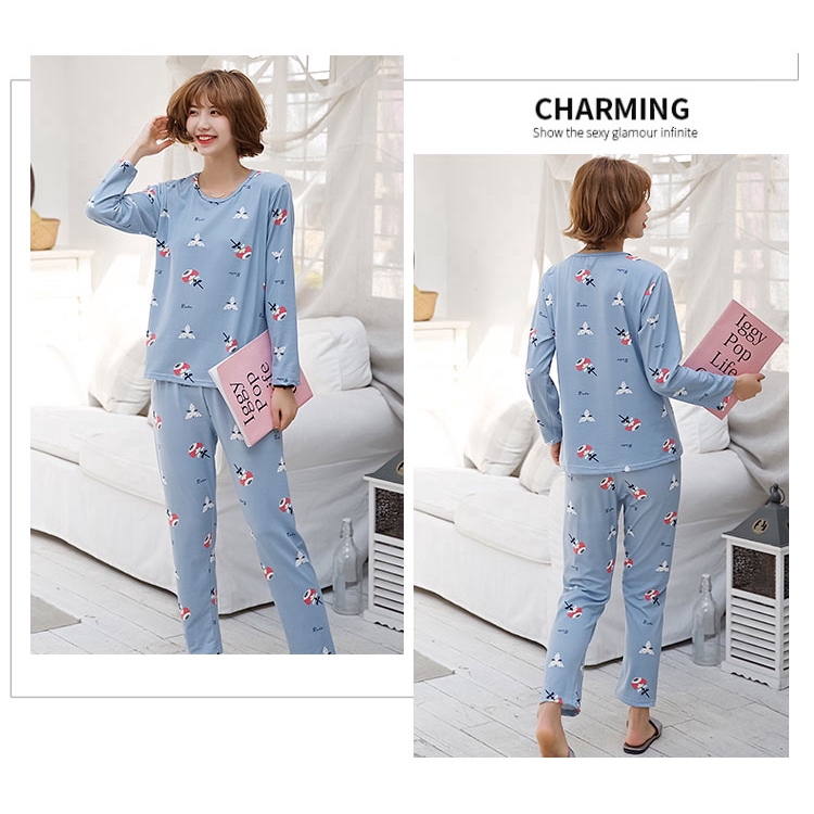 xiaohan korea spring autumn loose female nightwear round neck long sleeve sleepwear set cute cartoon print women Large size baju tidur | BigBuy360 - bigbuy360.vn