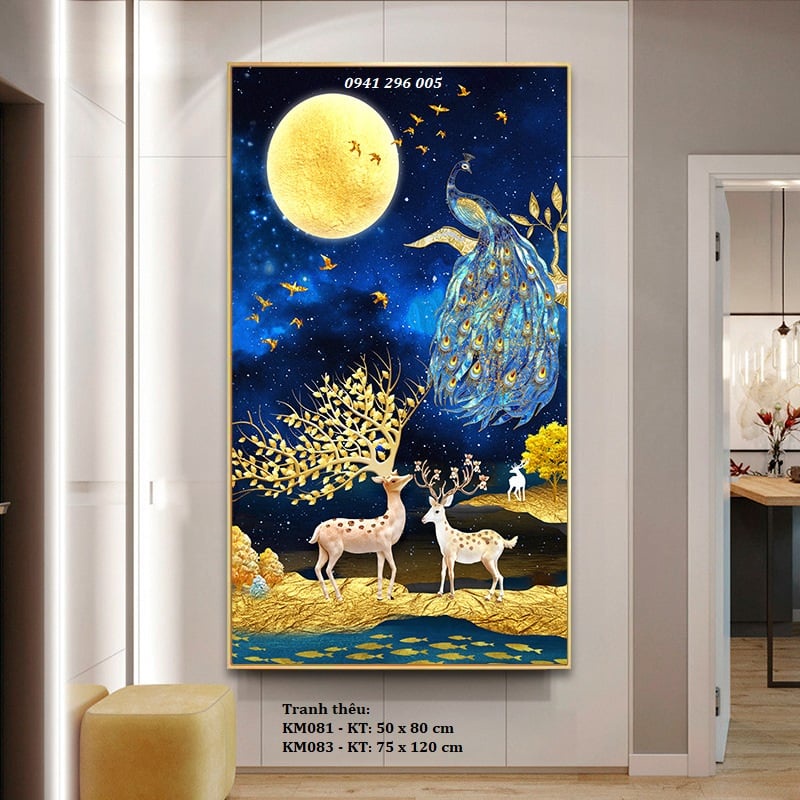 [Khổ đứng] Tranh thêu kín Hươu Tài Lộc May Mắn - Tranh chưa thêu