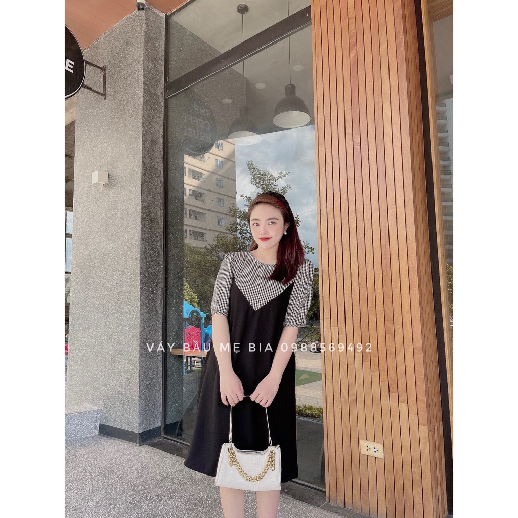 Váy bầu bigsize - Đầm bầu thiết kế GuMe màu đen phối  kẻ caro đen tay lỡ chất vải sạn lụa size từ 40-100kg MB250