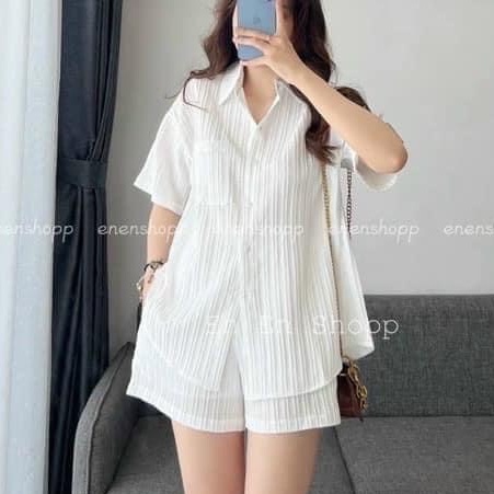 Set bộ quần áo sơ mi thiết kế phối nơ lửng chất đũi xốp xọc gân hàng đẹp B118 SUTANO