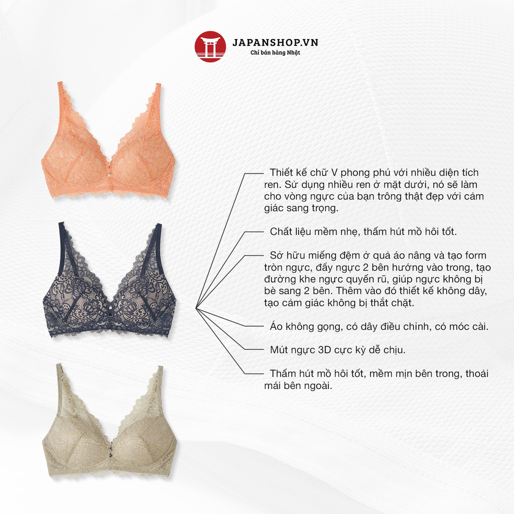 Áo lót ren không gọng Tuché Gunze Peach Bra 2.0 JB6019H kháng khuẩn, thấm hút mồ hôi Nhật Bản