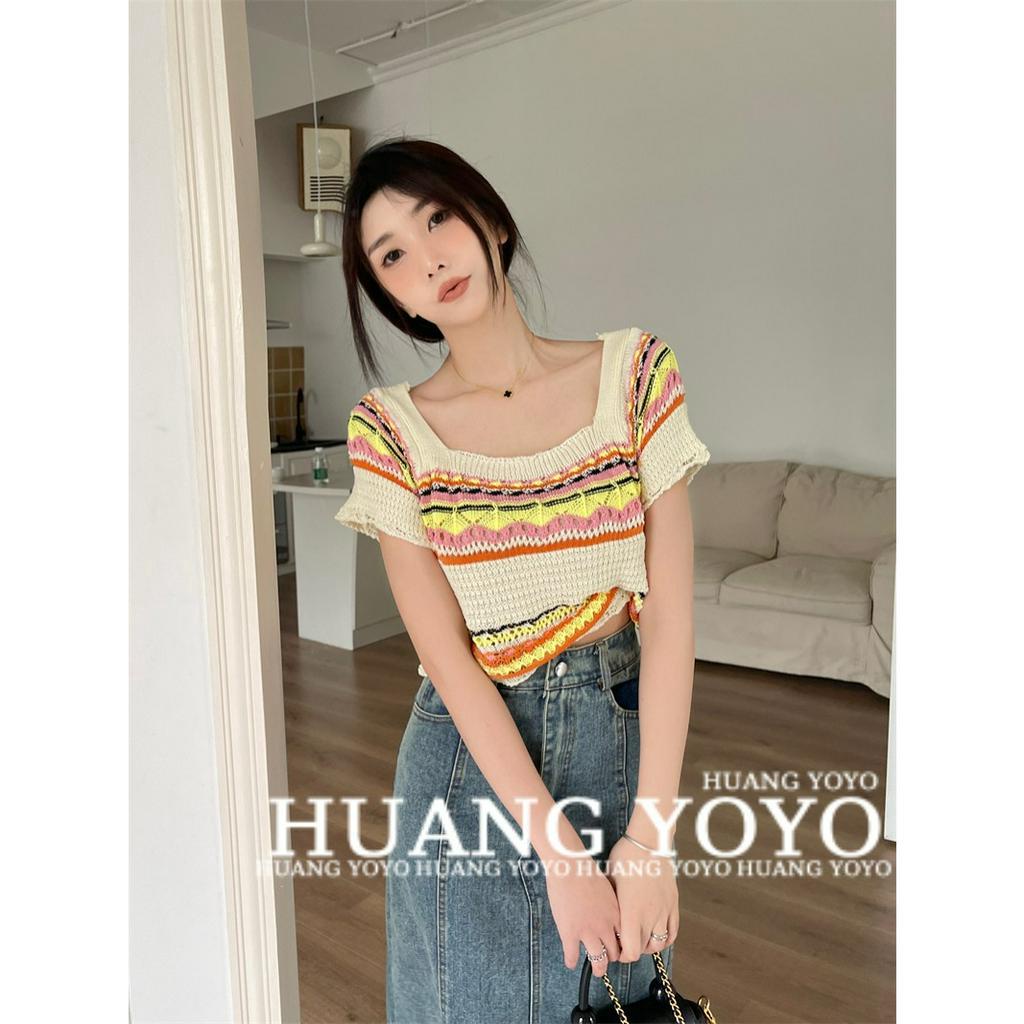 Áo Thun Croptop Dệt Kim Tay Ngắn Cổ Vuông Họa Tiết Kẻ Sọc Cầu Vồng Thời Trang Mùa Hè Mới Cho Nữ