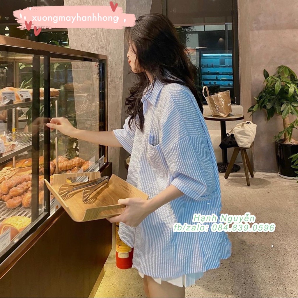 Áo sơ mi kẻ cộc tay đũi nhăn form OVERSIZE siêu rộng - Xưởng May Hạnh Hồng | BigBuy360 - bigbuy360.vn