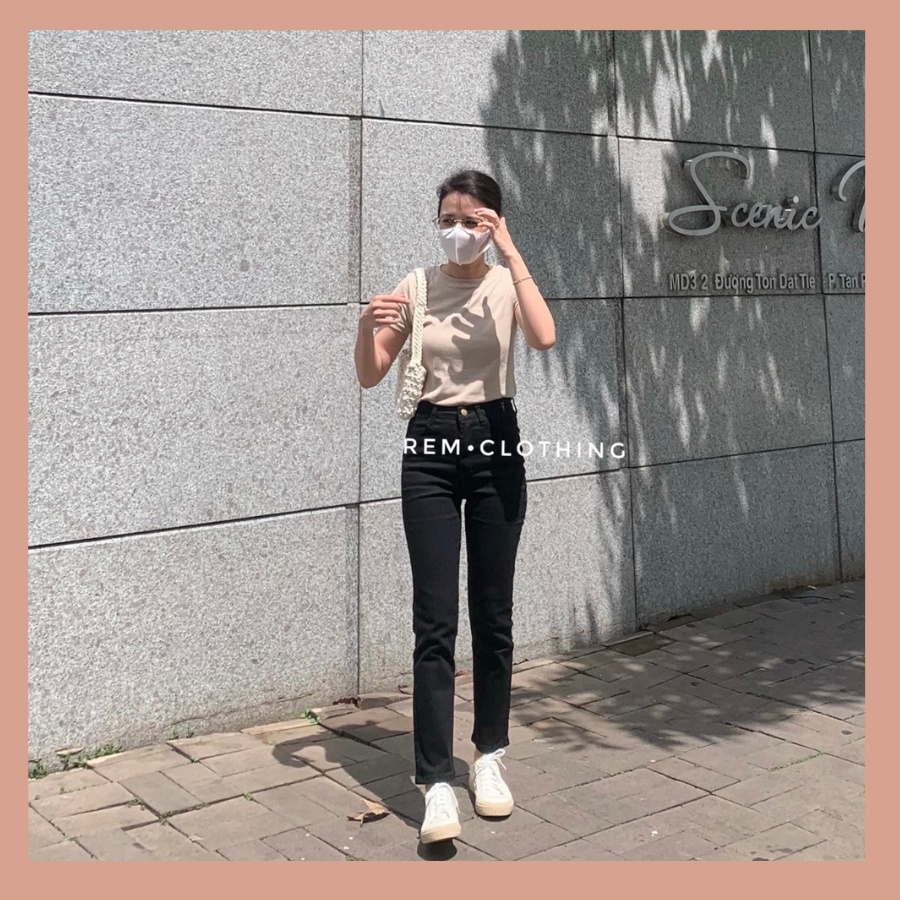 Quần jean đen ôm suông ống đứng cạp cao (Ảnh thật)