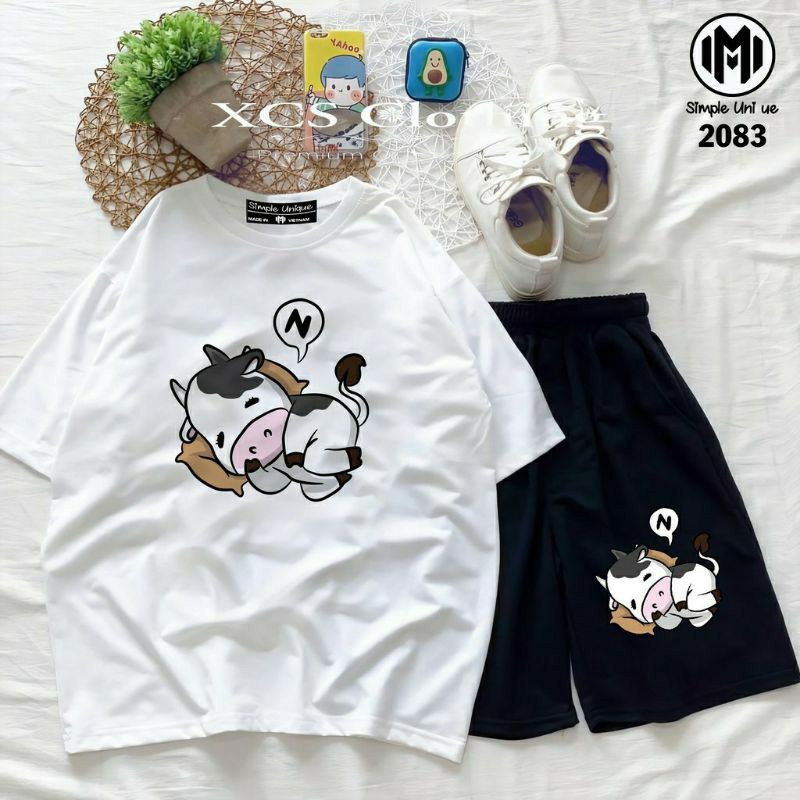 Sét Bộ Đồ Thời Trang Nữ Mặc Đi Chơi Dạo Phố Mùa Hè cute♥️ Áo Thun Cotton In Bò Sữa+ QUẦN ĐÙI Phong Cách.