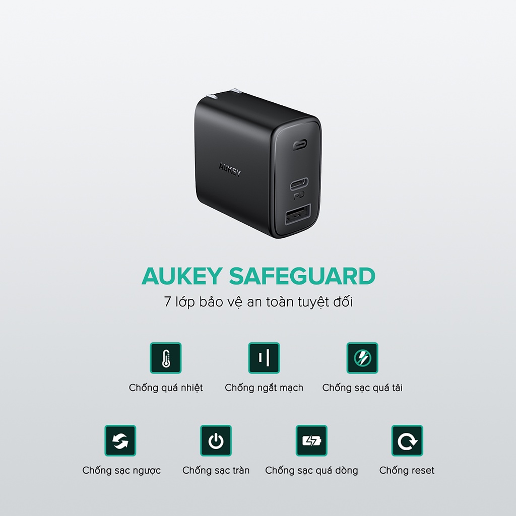 Củ Sạc Siêu Nhanh AUKEY 2 Cổng PA-F3S 32W, Cổng Type C Power Delivery 20W, Cổng USB-A 12W - Chính Hãng
