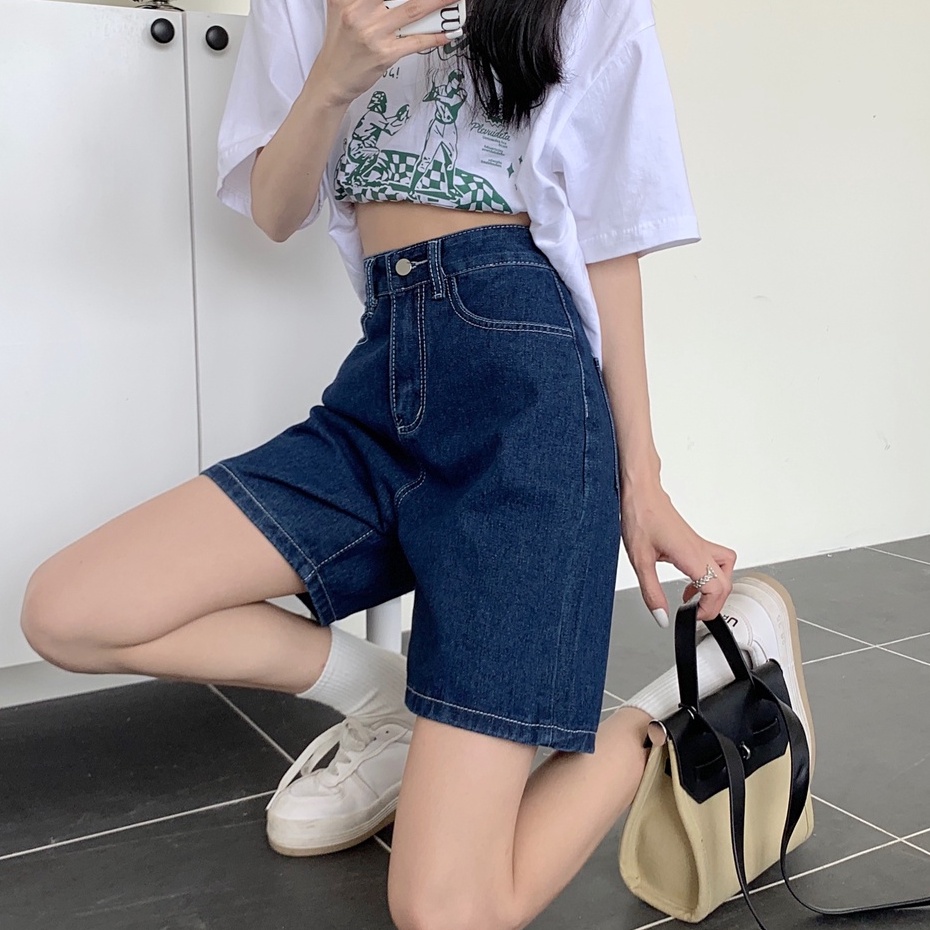 Quần lửng ngố jean nữ lưng cao ống rộng, túi sâu phong cách Ullzang có Bigsize