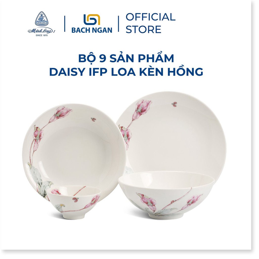 Bộ chén dĩa sứ Minh Long 9 sản phẩm Daisy IFP Loa Kèn Hồng dùng cho gia đình, sứ đẹp cao cấp dùng đãi khách, tặng quà tế