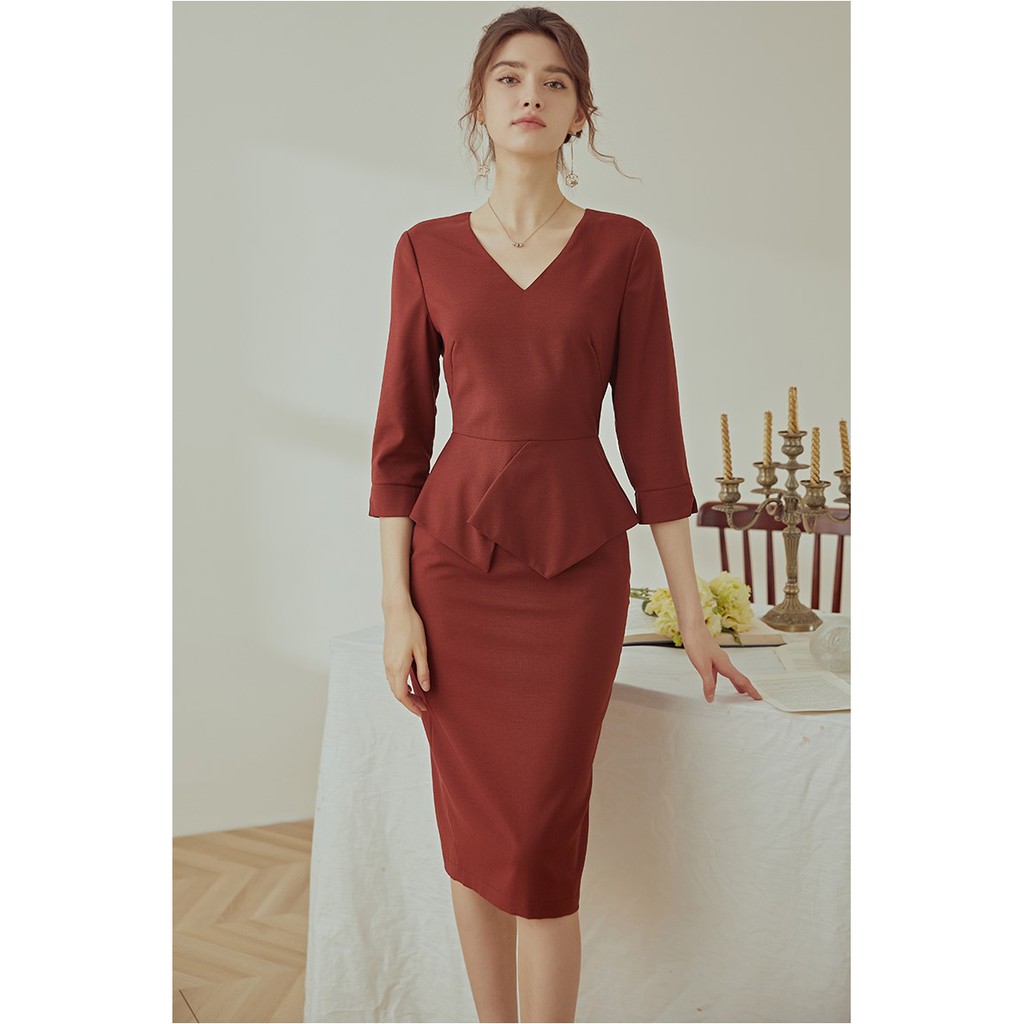 ĐẦM CÔNG SỞ ÔM BODY CỔ TIM SANG TRỌNG MÀU CAM ĐẤT