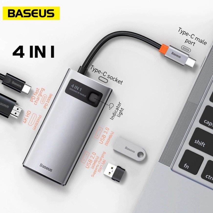 Bộ chuyển đổi hub 4 in 1 typec to hdmi 4k usb 3.0 usb 2.0 pd 100w cho laptop macbook chính hãng baseus