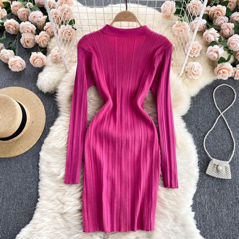 Đầm len cổ polo, váy len dệt kim