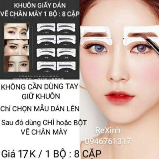 Khuôn dán vẽ chân mày bằng giấy dán 1 bộ có 8 cặp khuôn gồm các kiểu NGANG và CONG