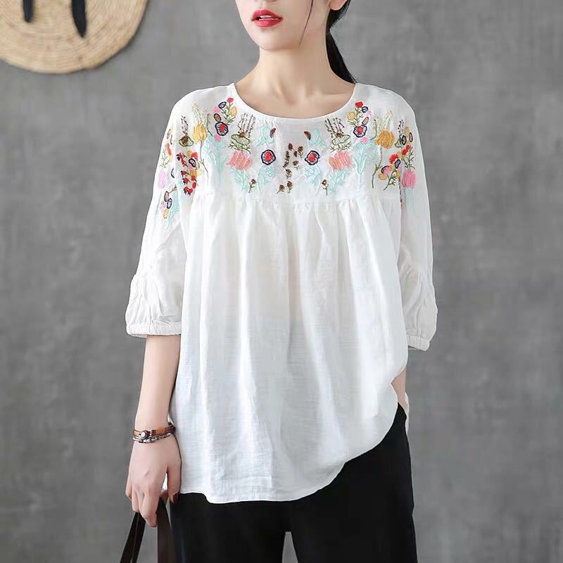 Áo Thun cotton Ngắn Tay Cổ Tròn Thêu Họa Tiết retro Xinh Xắn Cho Nữ