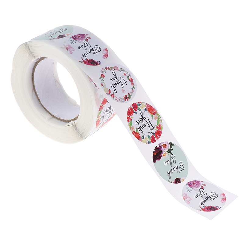 Cuộn 500 Miếng Dán Niêm Phong Bao Bì Chữ Thank You Kèm Hoa Dùng Trang Trí Tiệc Cưới