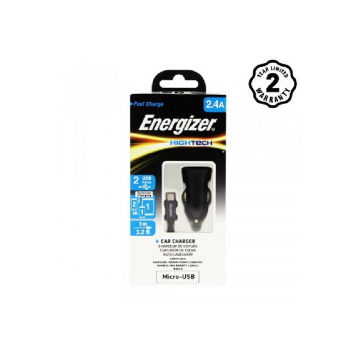 Sạc Ô Tô Energizer 2.4A 2USB + Kèm cáp Micro USB - DCA2BHMC3