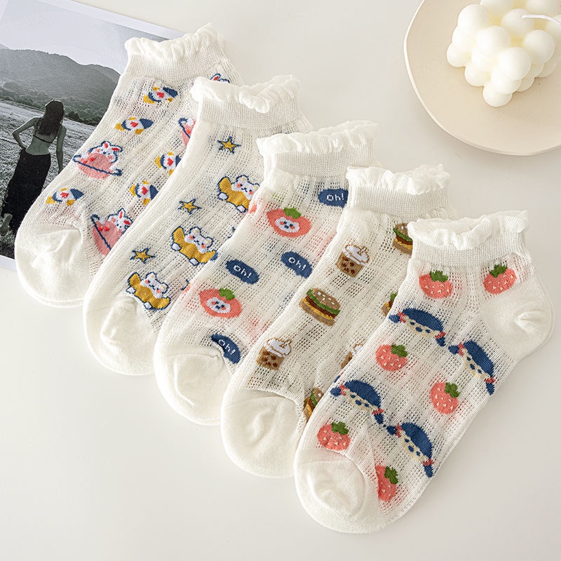 Vớ Ren Siêu Mỏng Thoáng Khí Màu Trắng Hình Gấu Dễ Thương Cho Nữ