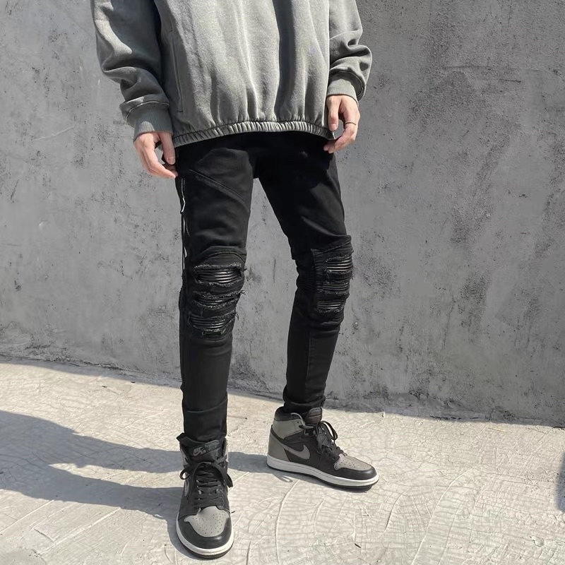 Jeans đen phối da cao cấp khoá Zip