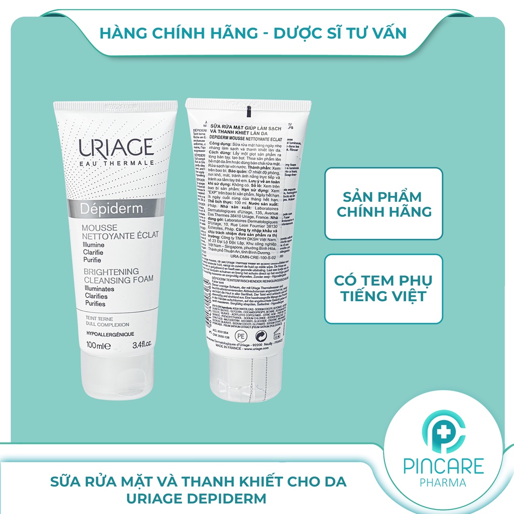Sữa rửa mặt trắng da Uriage Depiderm Mousse Nettoyante Éclaircissante 100ml - Hàng chính hãng - Nhà thuốc PinCare