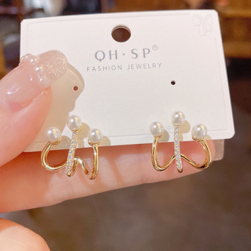 Khuyên Tai Hình Học Nhiều Lớp Đính Đá Zircon Phong Cách Hàn Quốc Mới Cho Nữ