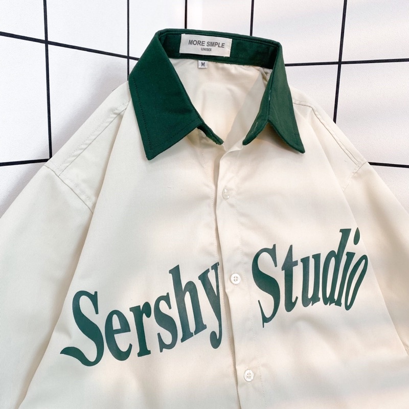 Áo sơmi tay lỡ unisex SERSHY màu XANH LÁ/KEM Nam nữ unisex  Áo Sơ Mi form rộng style Ulzzang