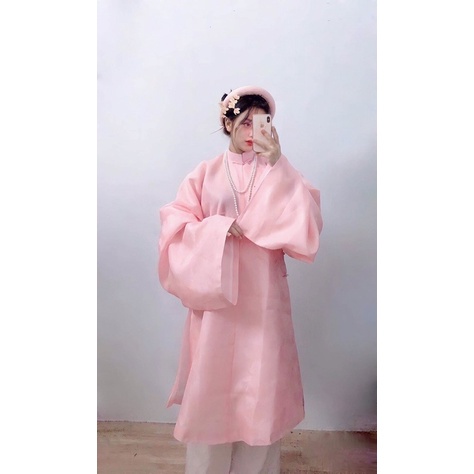 Áo Tấc Sa Hàn màu xanh ,hồng hoa chìm ,ngũ thân tay thụng, Việt phục thời Nguyễn