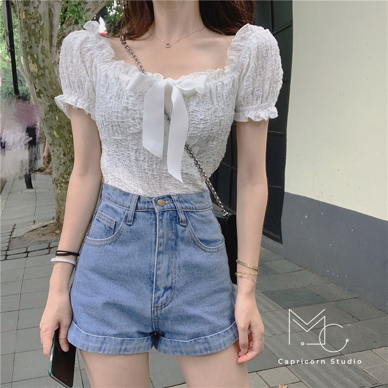 Áo trễ vai bèo nhún có nơ dễ thương phong cách Ulzzang Hàn Quốc [MinC.Studio - MCAT010]