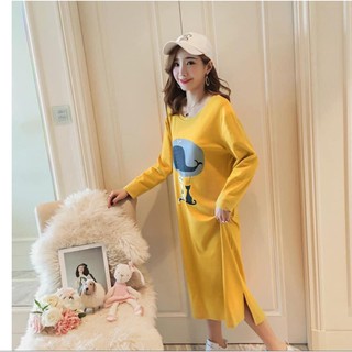 váy suông dài tay in cá voi chất cotton 2 màu xinh xắn