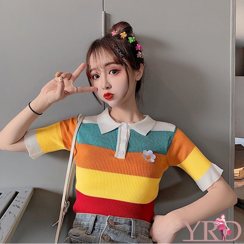 Áo thun polo nữ kẻ sọc cổ bẻ màu sắc ngọt ngào | BigBuy360 - bigbuy360.vn