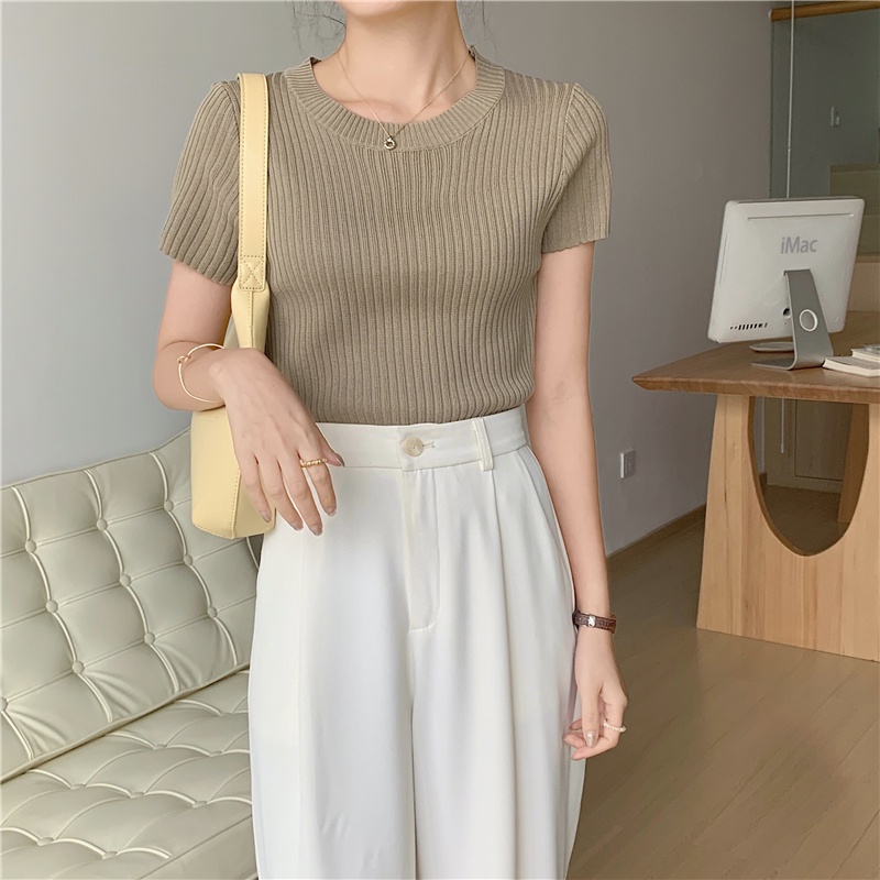 Áo Thun Dệt Kim Mỏng Tay Ngắn Cổ Tròn Thời Trang Hàn Quốc Cho Nữ
