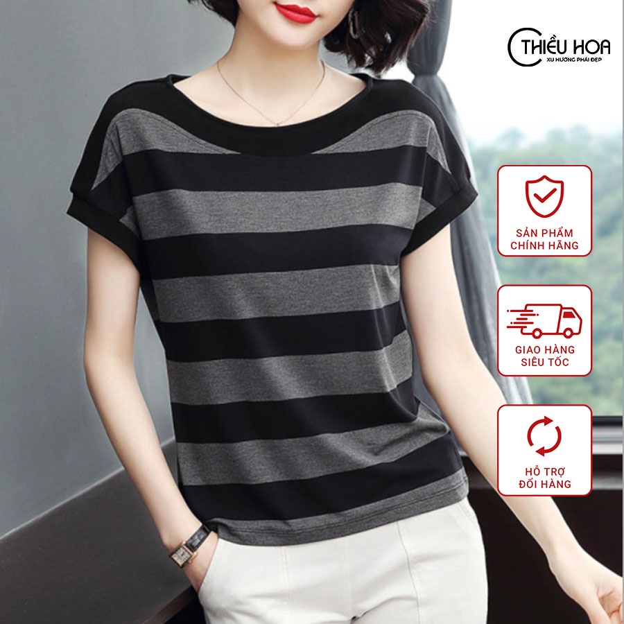 Áo Thun Nữ Trung Niên Đẹp sọc thiết kế đơn giản trẻ trung năng động chất vải cao cấp thoáng mát THIỀU HOA M540