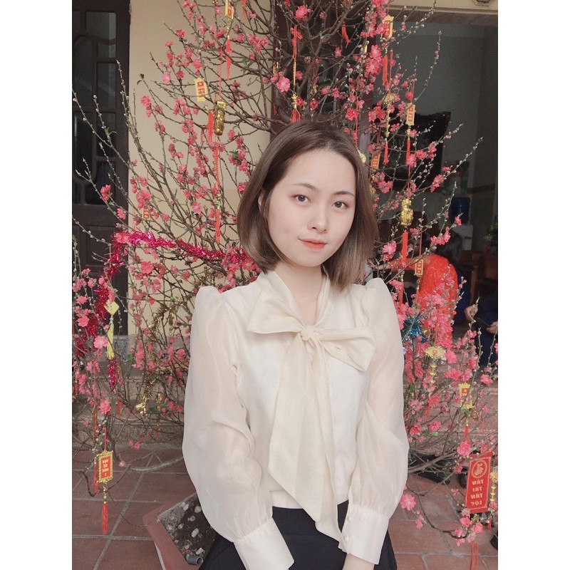 Áo sơ mi buộc nơ cúc ngọc
