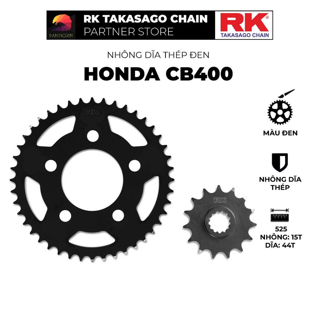 Nhông Dĩa RK Takasago cho xe phân khối lớn Honda CB400, chất liệu: Thép mạ màu đen, độ dày Nhông Dĩa: 525